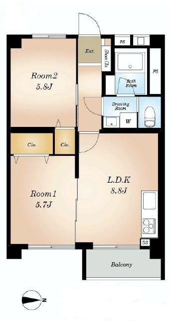 Floor plan. 2DK, Price 19,980,000 yen, Footprint 53.1 sq m , Balcony area 4.5 sq m