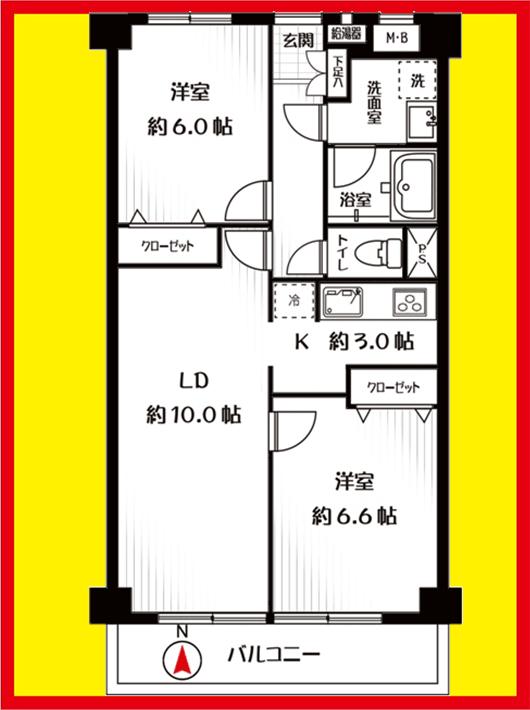 Floor plan. 2LDK, Price 29,800,000 yen, Occupied area 57.68 sq m , Balcony area 6.1 sq m