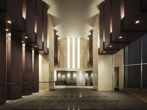 Shared facilities.  [Entrance Hall Rendering] Open space of the two-tier atrium is, Ceiling height up to about 7m. Design-conscious vertical line, It has extended more relaxed rise feeling. further, Such as the floor of the walls and granite woodgrain, A combination of a profound sense of material, It will produce a sophisticated Yingbin space.
