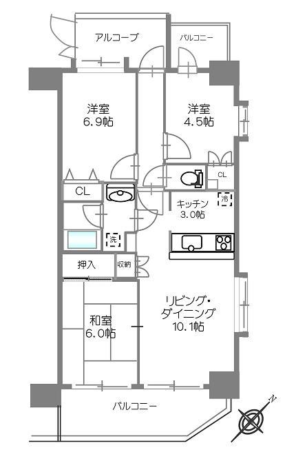 Floor plan. 3LDK, Price 28.8 million yen, Occupied area 63.13 sq m , Balcony area 12 sq m