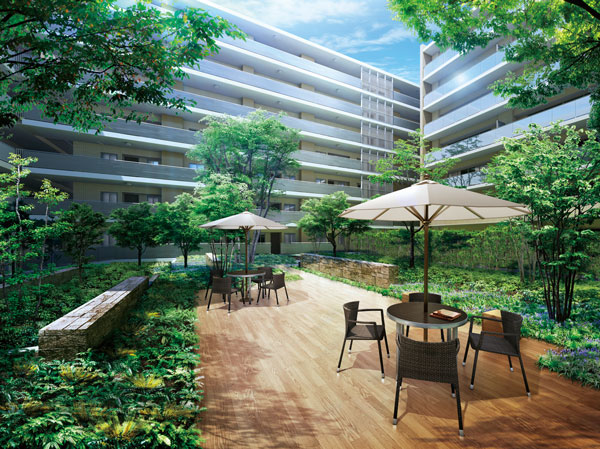 Shared facilities.  [Private garden Rendering CG] Lush landscape that utilize the vast grounds. Rich planting in the vicinity of the installation and the site of a private garden and relaxing under the sun, Rooftop greening, etc., We are working actively in symbiosis with green.
