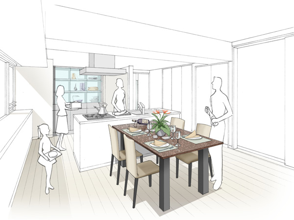 Interior.  [Island Kitchen] Or enjoy a family of communication around the kitchen, Home party also adopted a kitchen island that can be directed to stylish.  ※ A type only (A type: Living ・ dining ・ Kitchen Rendering Illustration)
