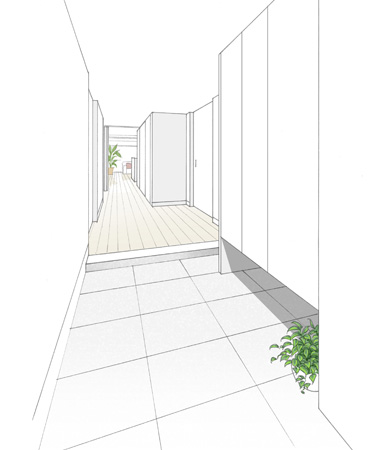 Interior.  [To the impression that greet the guest spacious, Entrance, such as a Hall] By widening the corridor width, Born three-dimensional spread to the entire entrance, The space of as the face to greet the guest, We tailored to spacious impression, such as a Hall. (A type: entrance Rendering Illustration)
