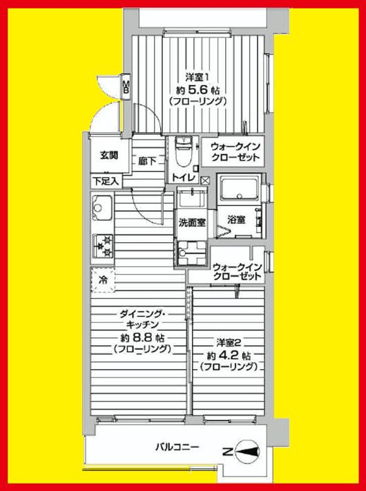 Floor plan. 2DK, Price 16.8 million yen, Occupied area 42.48 sq m , Balcony area 5.88 sq m