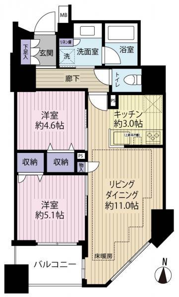 Floor plan. 2LDK, Price 39,800,000 yen, Occupied area 55.37 sq m , Balcony area 5.02 sq m floor plan