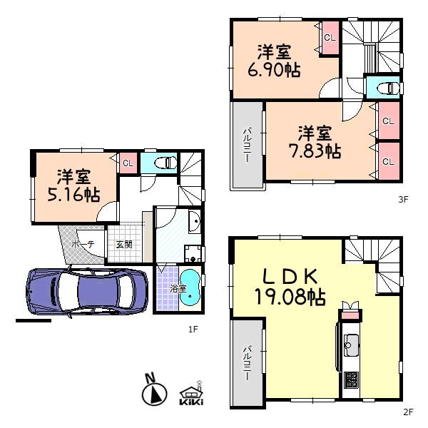Floor plan. 31,800,000 yen, 3LDK, Land area 55.28 sq m , Building area 94.32 sq m 3LDK with garage