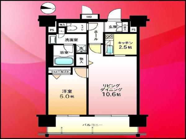 Floor plan. 1LDK, Price 33,800,000 yen, Footprint 46 sq m , Balcony area 9.28 sq m