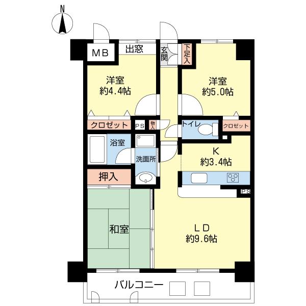 Floor plan. 3LDK, Price 25,900,000 yen, Occupied area 62.37 sq m , Balcony area 8.74 sq m