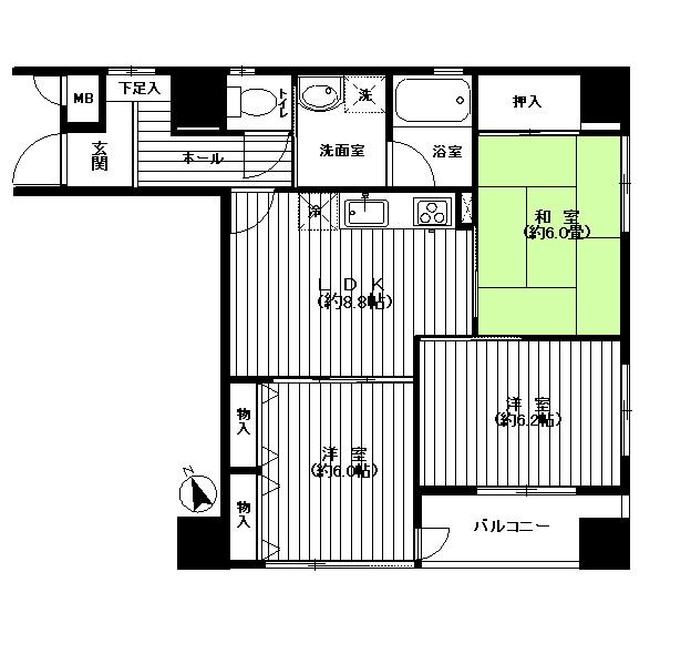 Floor plan. 3LDK, Price 29,800,000 yen, Occupied area 62.44 sq m , Balcony area 4.68 sq m