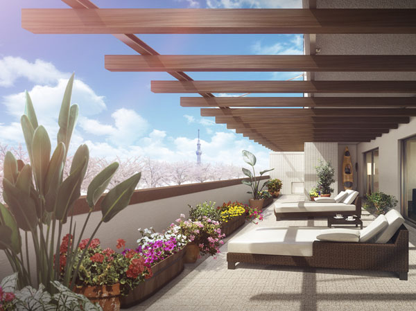 Buildings and facilities. Private terrace with a breadth of depth of about 4.2m from (some dwelling unit), Also spread south of the view and the sky is far. Also, Overhead pergola is to image the cottage of tropical. (C-PT type / Private terrace Rendering CG)