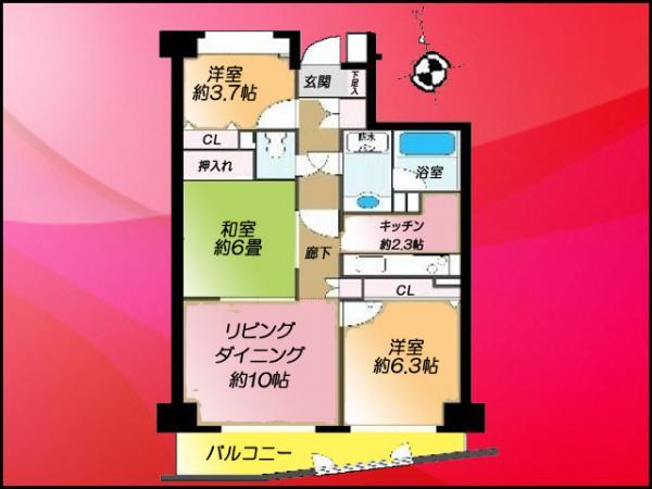 Floor plan. 3LDK, Price 28.5 million yen, Occupied area 65.54 sq m , Balcony area 7.69 sq m