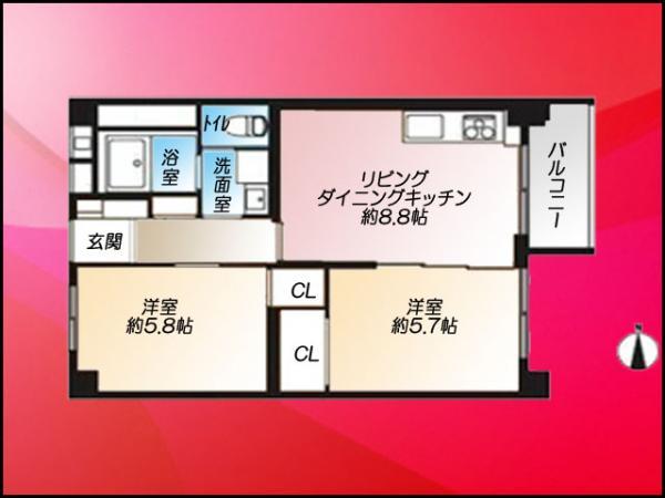 Floor plan. 2LDK, Price 19,980,000 yen, Footprint 48.6 sq m , Balcony area 4.5 sq m