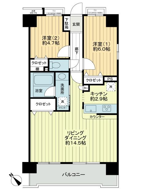 Floor plan. 2LDK, Price 31,800,000 yen, Footprint 61.2 sq m , LDK of balcony area 9.16 sq m about 17.4 Pledge is the characteristic of Mato