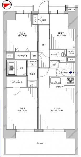 Floor plan. 3LDK, Price 26,800,000 yen, Occupied area 58.52 sq m , Balcony area 11.21 sq m