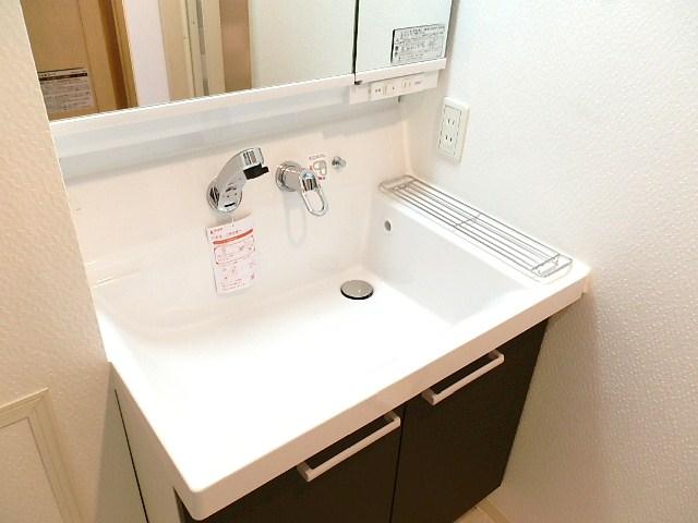 Wash basin, toilet. Vanity shower!