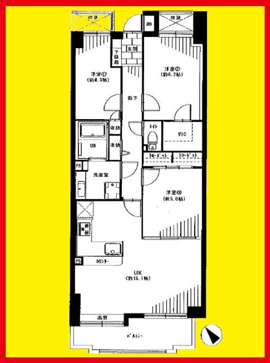 Floor plan. 3LDK, Price 25,800,000 yen, Occupied area 71.25 sq m , Balcony area 7 sq m balcony southwestward