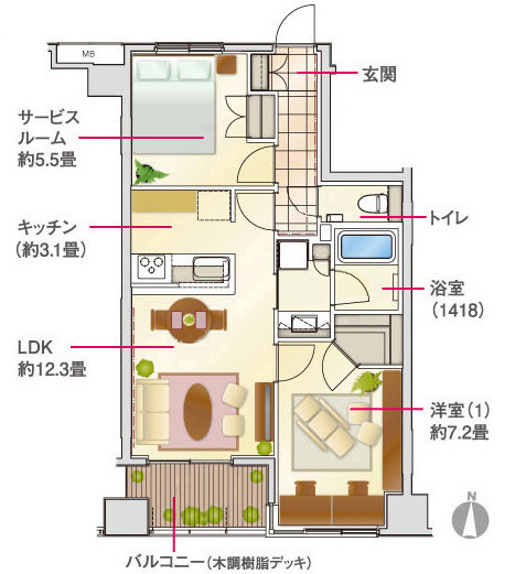 Room and equipment. It fits nicely in the living of Futari, Open feeling of the rich living space.  ※ B type furniture arrangement example / 1LDK+S / Occupied area 56.25 sq m  Balcony area 4.96 sq m   ※ Furniture, etc. are not included in the price.