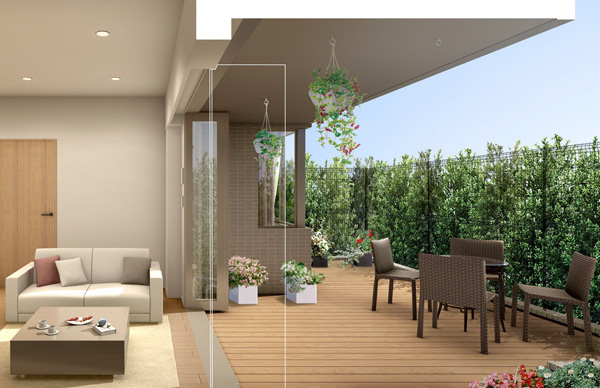 Room and equipment. Almost step without subsequent terrace deck from the living room, Such as slowly relax in the resort mood by arranging the deck chairs, How to use free. Room is born to life. (Terrace Rendering) ※ D type (pre-sale)
