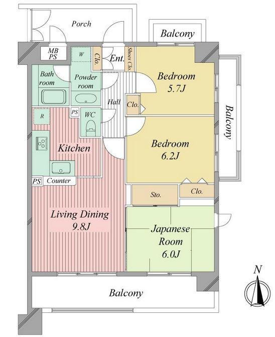 Floor plan. 3LDK, Price 37 million yen, Occupied area 64.94 sq m , Balcony area 26.07 sq m