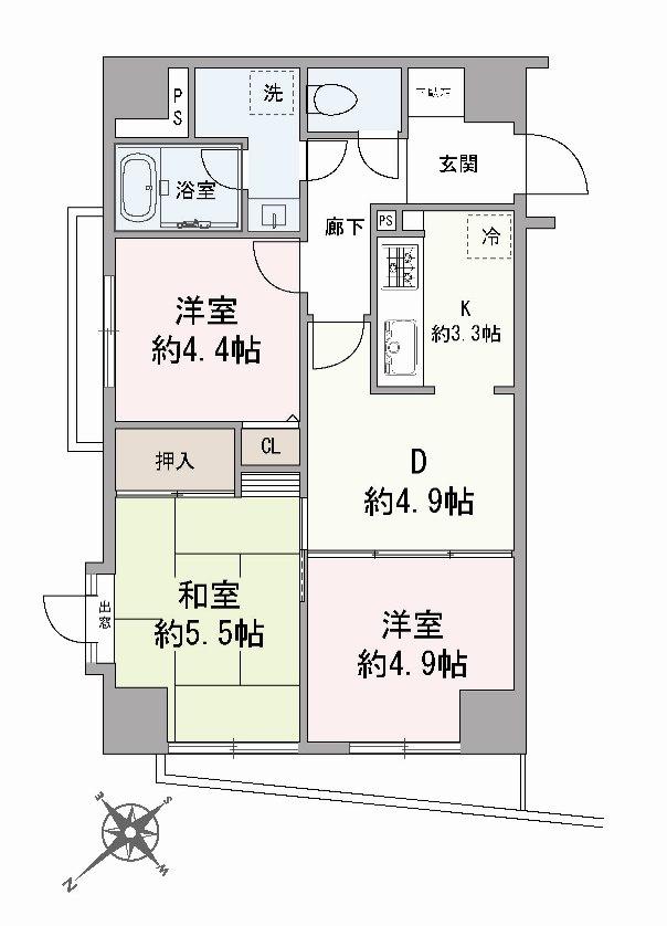 Floor plan. 3DK, Price 26,800,000 yen, Occupied area 55.02 sq m , Balcony area 3.32 sq m