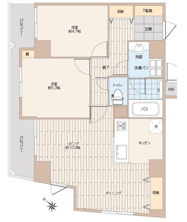 Floor plan. 2LDK, Price 21,800,000 yen, Occupied area 55.74 sq m , Balcony area 7.41 sq m