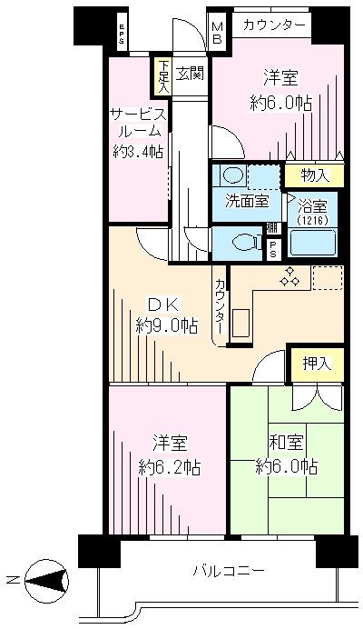 Floor plan. 3DK + S (storeroom), Price 31,800,000 yen, Occupied area 67.78 sq m , Balcony area 9.51 sq m