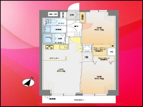 Floor plan. 2LDK, Price 25,980,000 yen, Occupied area 51.84 sq m , Balcony area 5.4 sq m