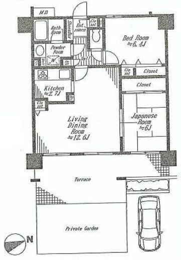 Floor plan. 2LDK, Price 21,980,000 yen, Footprint 61.6 sq m is glad parking with your room. Monthly 22000 yen, It is also included spacious private garden use fee.