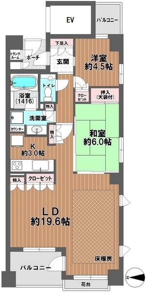 Floor plan. 2LDK, Price 36,800,000 yen, Occupied area 73.19 sq m , Balcony area 9.35 sq m