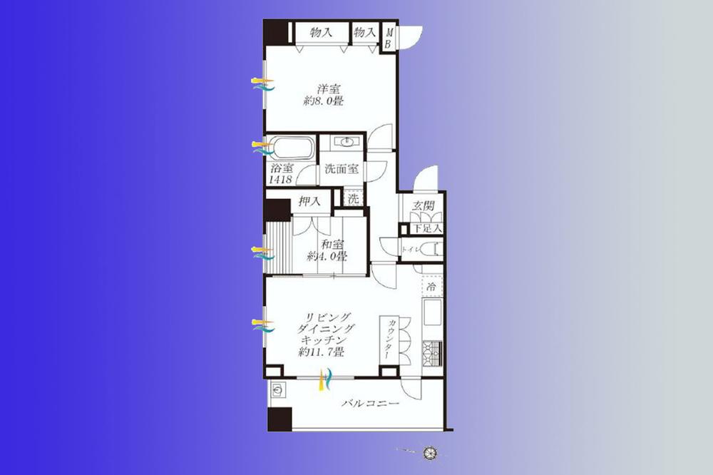 Floor plan. 2LDK, Price 33,800,000 yen, Occupied area 58.04 sq m , Balcony area 10.68 sq m easy-to-use counter kitchen + back door Yes!