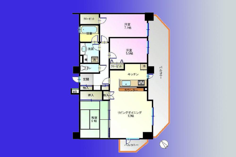 Floor plan. 3LDK, Price 31,800,000 yen, Occupied area 75.31 sq m , Balcony area 23.11 sq m 6 floor ・ You can also expect a bright airy in the southeast-facing »balcony dihedral ensure