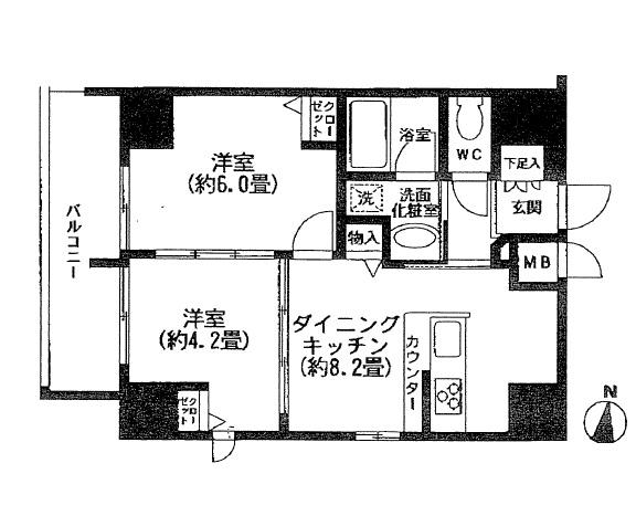 Floor plan. 2DK, Price 33,800,000 yen, Occupied area 42.06 sq m , Balcony area 6.59 sq m