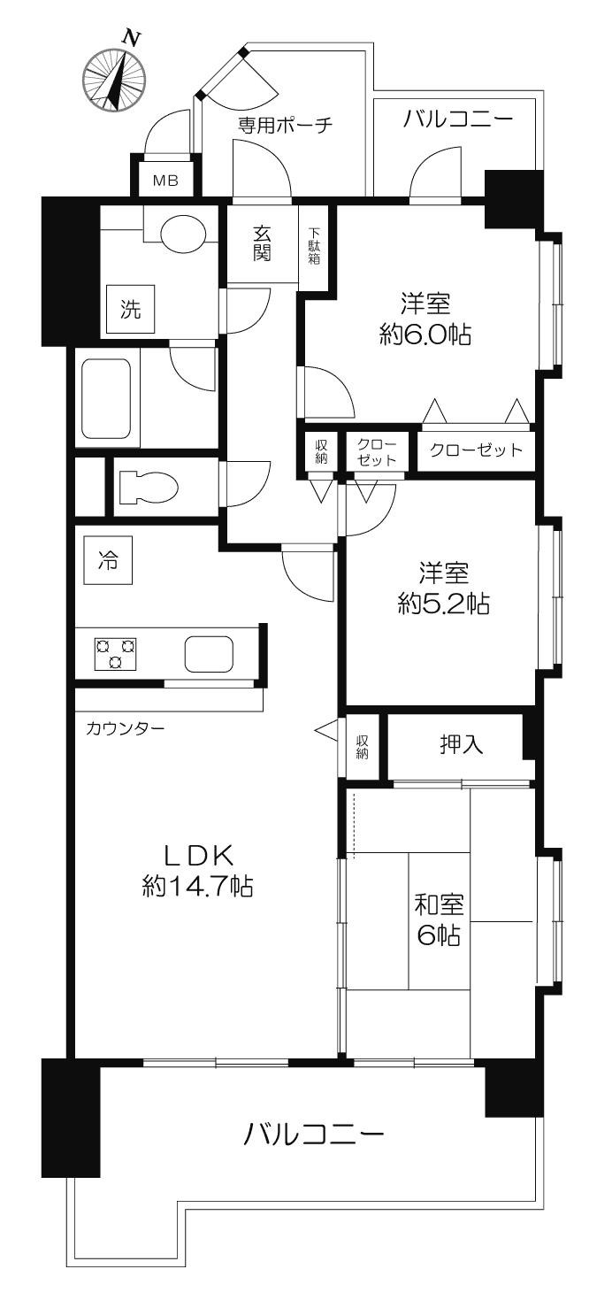Floor plan. 3LDK, Price 32,800,000 yen, Occupied area 70.68 sq m , Balcony area 16.66 sq m
