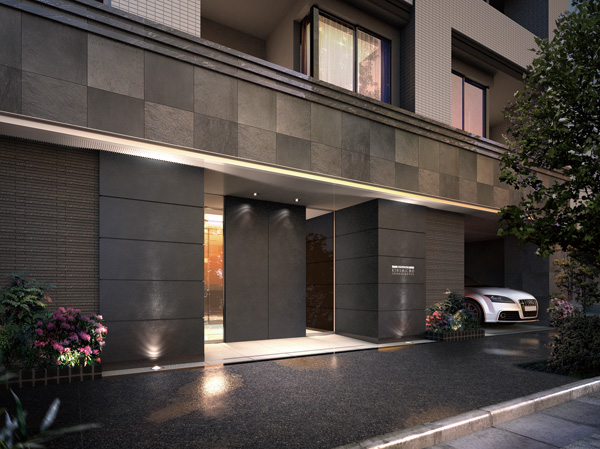Buildings and facilities. Entrance filled in the atmosphere to gracefully welcomes live person. Along with the conscious of the harmony of the streets by using the color of the tile, which settled in the outer wall to determine the impression of the facade, We created a dignity certain facial expression by providing a louver. (Entrance Rendering CG)