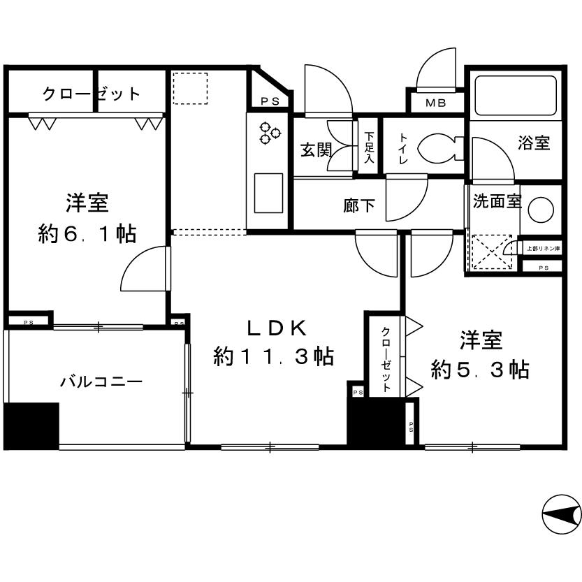 Floor plan. 2LDK, Price 29,800,000 yen, Occupied area 52.69 sq m , Balcony area 6.6 sq m