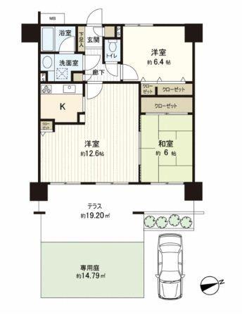 Floor plan. 2LDK, Price 21,980,000 yen, Footprint 61.6 sq m , Balcony area 19.2 sq m