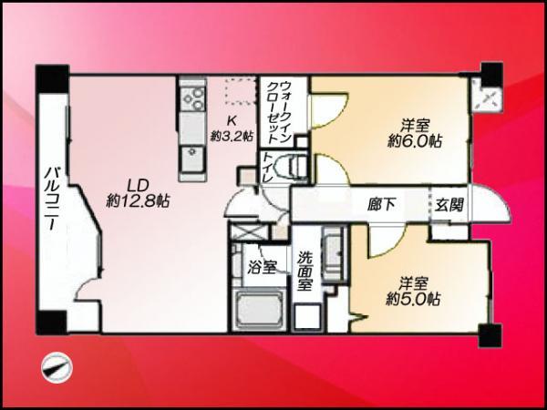 Floor plan. 2LDK, Price 29,800,000 yen, Occupied area 62.11 sq m , Balcony area 8.8 sq m