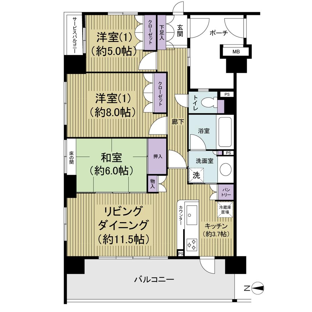 Floor plan. 3LDK, Price 49,800,000 yen, Occupied area 79.26 sq m , Balcony area 15.6 sq m 79.26 sq m , 3LDK. A private porch with a corner room