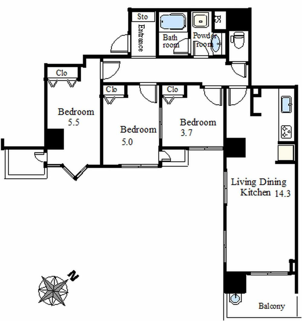 Floor plan. 3LDK, Price 28.8 million yen, Occupied area 68.24 sq m , Unusual LDK and each room of independence is high floor plan is attractive in the balcony area 5.7 sq m apartment