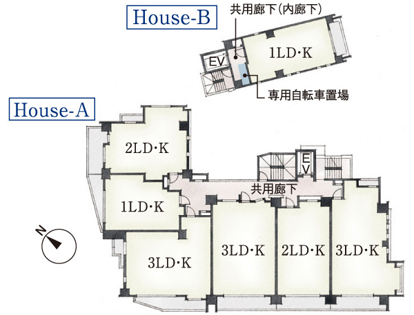 Shared facilities.  [Two buildings the configuration of the land plan] Corresponding to each of the needs House A has a wide variety of planning until the family from a single. 1 units in 1 floor House B, 1 high plan of independence space. Realize the house to make use of the personality of the people who live in the two buildings the configuration of the land plan. (8-floor plan diagram)