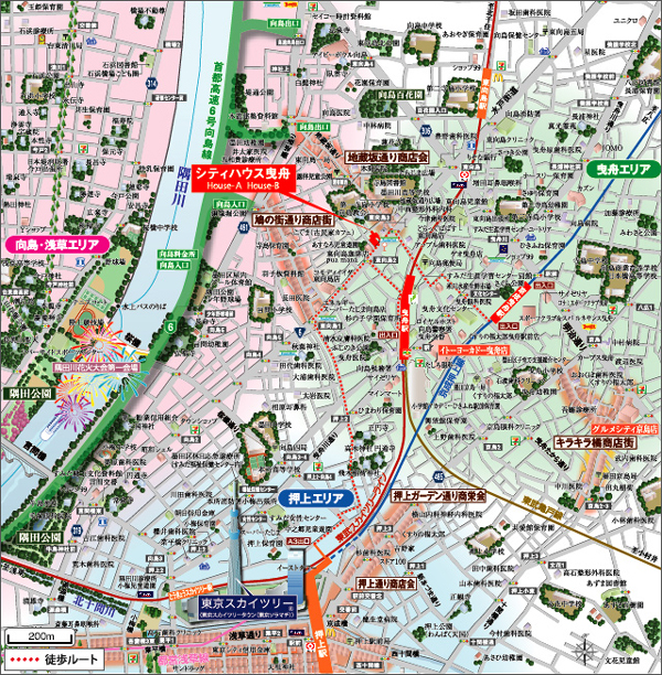 Surrounding environment. Position that Tokyo Sky Tree is close ※ House-A: about 1560m, House-B: about 1580m ・ Both bicycle about 8 minutes (local guide map ※ Some posted the map road ・ An excerpt of the facilities have been notation.  ※ Holding of the Sumida River fireworks display ・ Change the position and the like launch ・ You might stop. )