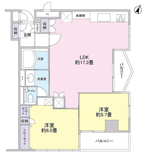 Floor plan. 2LDK, Price 29 million yen, Occupied area 64.95 sq m , Balcony area 6.17 sq m
