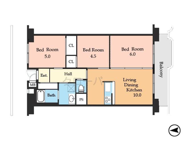 Floor plan. 3LDK, Price 31,800,000 yen, Occupied area 58.42 sq m , Balcony area 7.43 sq m