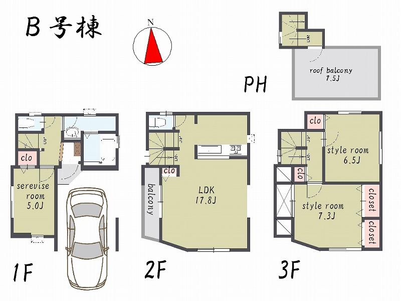 Floor plan. (B Building), Price 31,800,000 yen, 2LDK+S, Land area 49.69 sq m , Building area 103.42 sq m