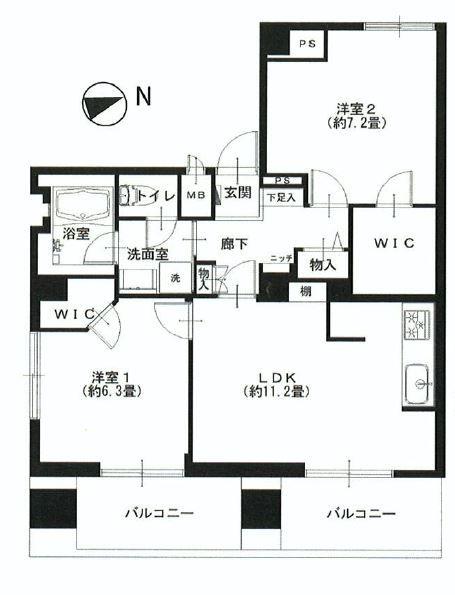 Floor plan. 2LDK, Price 25,900,000 yen, Occupied area 58.51 sq m , Good Floor balcony area 9.43 sq m usability