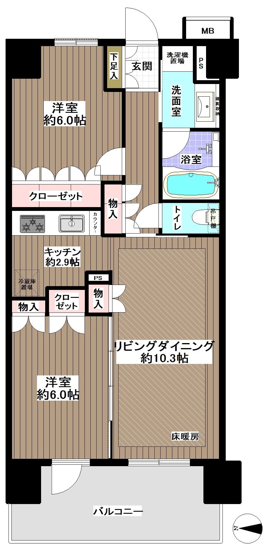 Floor plan. 2LDK, Price 37,800,000 yen, Occupied area 57.51 sq m , Balcony area 10.26 sq m