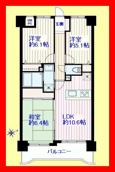 Floor plan. 3LDK, Price 28.8 million yen, Occupied area 61.97 sq m , Balcony area 8.08 sq m per good yang