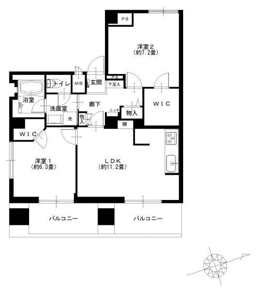 Floor plan. 2LDK, Price 25,900,000 yen, Occupied area 58.51 sq m , Balcony area 9.43 sq m