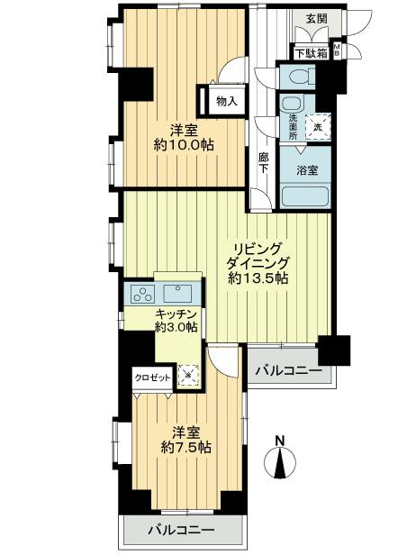 Floor plan. 2LDK, Price 34,800,000 yen, Occupied area 75.53 sq m , Balcony area 5.65 sq m