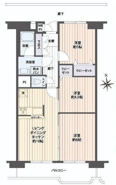 Floor plan. 3LDK, Price 31,800,000 yen, Occupied area 58.42 sq m , Balcony area 7.43 sq m Floor